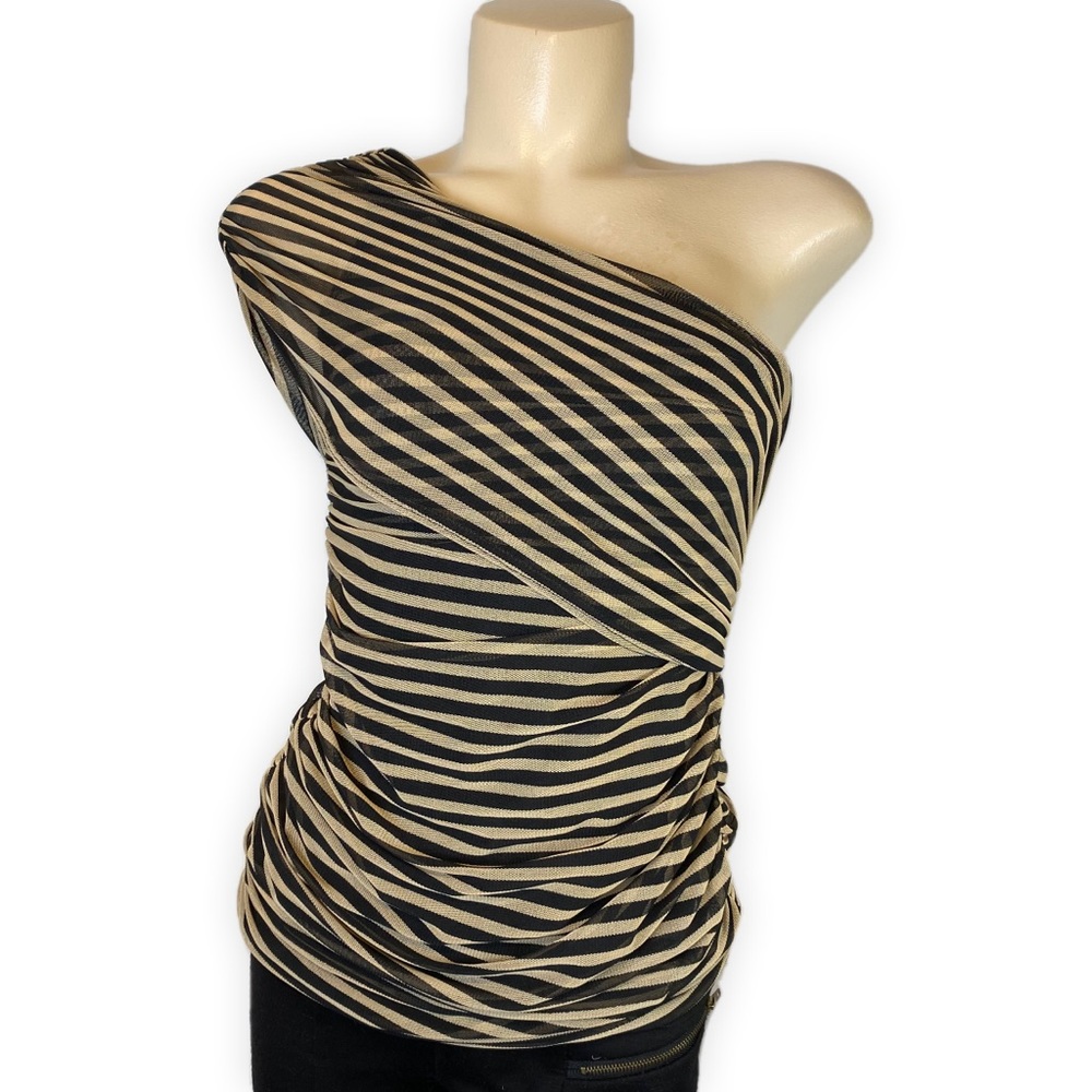 Black Beige Striped One Shoulder Top Ruched Stretch XS